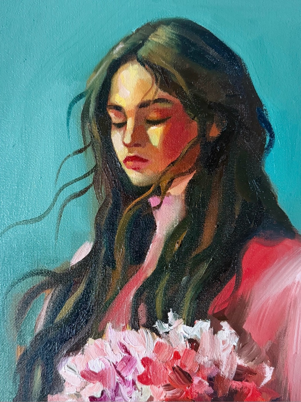 Original Oil Painting “Girl with Flowers Portrait” Moody Aesthetic Wall Art 10x8